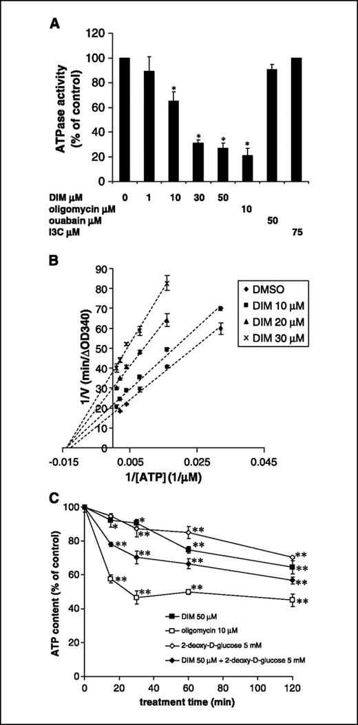 Figure 2. 3,3′-Diindolylmethane (DIM) noncompetitively inhibited mitochondiral H+-ATPase activity. A, 3,3′-diindolylmethane inhibited H+-ATPase activity in 1% digitonin-solubilized mitochondria isolated from MCF-7 cells. The preparation of mitochondria and PK/LDH–coupled ATPase assay was described in Materials and Methods. B, double reciprocal plot analysis of the inhibition of mouse liver mitochondrial H+-ATPase by 3,3′-diindolylmethane. *, P < 0.01, significant differences compared with control. C, 3,3′-diindolylmethane depleted intracellular ATP. MCF-7 cells were seeded in low glucose medium and treated with different ATP-depleting drugs for the indicated times. The intracellular ATP concentration was measured by ENLITEN rLuciferase/Luciferin Reagent from Promega as described in Materials and Methods. The ATP concentration of untreated cells was set as 100%. *, P < 0.05, significant differences compared with untreated cells.