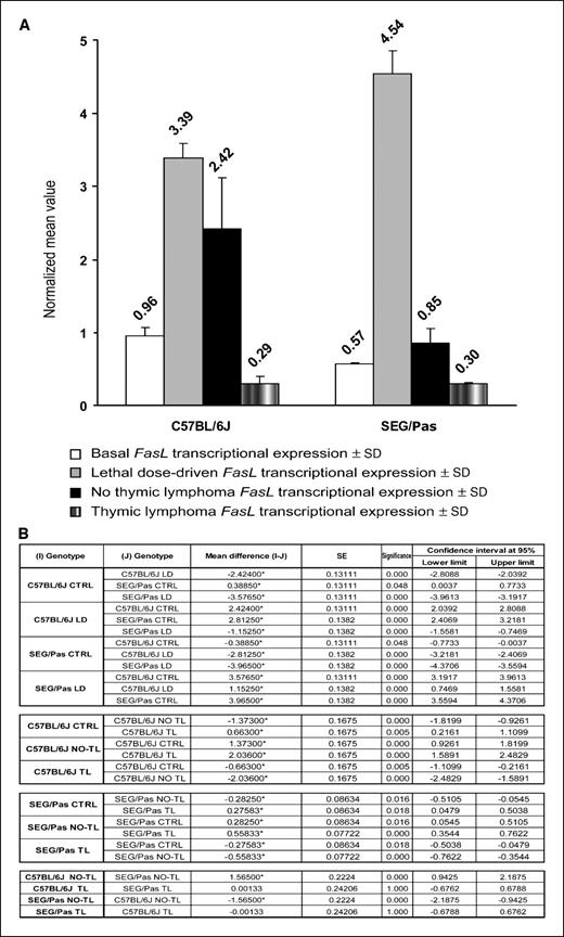 Figure 1. Transcriptional expression pattern of FasL determined through quantitative real-time RT-PCR. A, normalized mean FasL transcriptional expression levels in thymuses from C57BL/6J and SEG/Pas mice. “Basal” values correspond to nonirradiated thymuses. “Lethal dose-driven” values correspond to thymuses of mice irradiated with a single dose of γ-radiation (10 Gy) and sacrificed 24 h later. “No thymic lymphoma” values correspond to thymuses of mice irradiated with four doses of 1.75 Gy, which did not develop T-cell lymphoblastic lymphoma within a 25-wk latency period. “Thymic lymphoma” values correspond to thymuses of mice irradiated with four doses of 1.75 Gy, which developed a T-cell lymphoblastic lymphoma. All data represent an average of two independent experiments, each of which was done in triplicate. B, table showing the statistical values for the data: one-way ANOVA and Tukey comparison post test. As shown in the “Significance” column, differences observed in the levels of transcriptional expression between C57BL/6J and SEG/Pas were significant in all cases, with the exception of thymic lymphomas, which showed extremely low levels of FasL expression with independence of the strain. In addition, differences between groups (within the same strain) were significant in all cases.