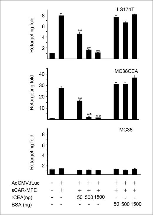 Figure 2. CEA blocks sCAR-MFE–directed retargeting of adenovirus infection to CEA-positive cells. LS174T (CEA+), MC38-cea-2 (CEA+), and MC38 (CEA−) cells were infected with AdCMVfLuc (3 × 108 vp per well) or with [Ad.CMVfLuc][sCAR-MFE] (100 ng) in the presence of increasing amounts of recombinant CEA or bovine serum albumin (BSA). Cell extracts were assayed for fLuc activity and protein concentration. Fold retargeting is the ratio of luciferase activity in the presence of sCAR-MFE relative to activity in cells infected with Ad.CMVfLuc. Columns, averages (n = 4); bars, SE. **, P < 0.01, comparing the fold retargeting in the cells infected by [Ad.CMVfLuc][sCAR-MFE] in the absence versus the presence of rCEA.