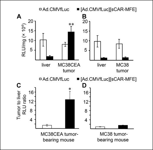 Figure 6. Adenovirus infection is untargeted in liver and MC38 hepatic tumors but increased in MC38-cea-2 hepatic tumors, following i.v. injection with sCAR-MFE. Mice bearing MC38-cea-2 (A) and MC38 (B) hepatic tumors were injected i.v. with Ad.CMVfLuc (5 × 108 pfu per mouse) or [Ad.CMVfLuc][sCAR-MFE] (10 μg per mouse). Four days later, mice were sacrificed, and luciferase activity and protein concentration were determined in tumor and liver extracts. C and D, tumor/liver luciferase ratios following injection with Ad.CMVfLuc (open columns) and [Ad.CMVfLuc][sCAR-MFE] (closed columns). Columns, averages (n = 4); bars, SE. *, P < 0.05, comparing tumor/liver luciferase ratios for infection by [Ad.CMVfLuc][sCAR-MFE] versus infection by AdCMVfLuc; **, P < 0.01, for luciferase activity in MC38-cea-2 tumors versus liver following systemic infection with [Ad.CMVfLuc][sCAR-MFE].