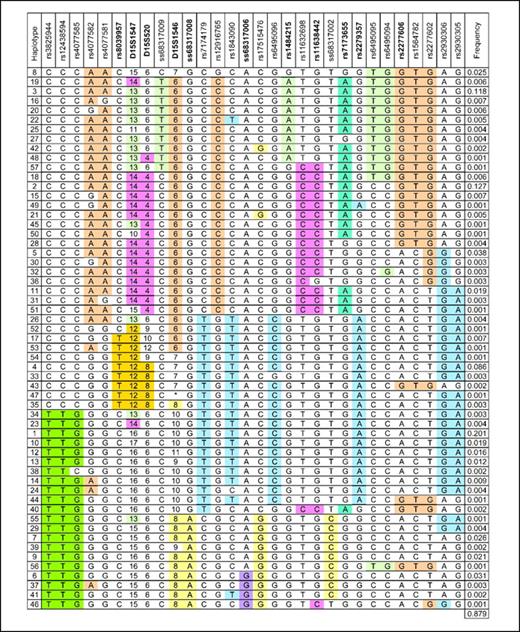 Figure 2. CYP11A1 haplotypes among 356 Chinese study subjects organized by cladistic similarity. Haplotypes (57) are predicted among subjects with a probability of ≥99%. Haplotypes are numbered in order of decreasing frequency. Each haplotype is designated by SNP allele and STR repeat count. *, an STR allele length other than a multiple of the repeat unit. Among the 27 SNPs (rs), those selected as tagging SNPs (bold), STRs (D15S#; bold). Alleles are color-coded to indicate membership in LD bins wherein pairwise r2 values are ≥0.7.