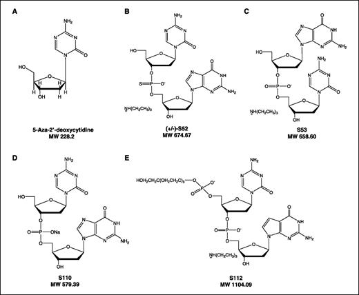 Figure 1. Chemical structures of 5-aza-CdR (A), S52 (B), S53 (C), S110 (D), and S112 (E). 5-Aza-CdR is a deoxycytidine with an extra nitrogen at the 5-position of the pyrimidine ring. S52 is a phosphorothioate analogue of S110. There are two optical isomers of S52: S52S and S52R. S53 is a dinucleotide with a guanosine at the 5′-end and 5-aza-CdR at the 3′-end. S110 is a reverse dinucleotide of S53 containing a 5-aza-CdR at the 5′-end followed by a guanosine. S112 is a triethylamine salt of 5′-AzapG-3′ dinucleotide with a hexaethylene glycol phosphate at the 5′-end.