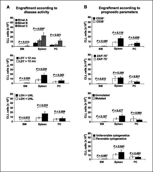 Figure 4. Recovery of human B-CLL cells with regard to disease activity and prognostic parameters. Quantitative recovery of B-CLL cells 4 wks after transplantation of 1 × 108 PBMC i.p. and i.v., respectively, in bone marrow, spleen, and peritoneal cavity of NOD/SCID mice. A, recovery of CLL cells was significantly correlated with parameters reflecting disease activity [e.g., Binet stage, lymphocyte doubling time (LDT), and LDH serum activity (LDH)]. B, samples obtained from poor prognosis patients as defined by expression of CD38, ZAP-70, unmutated IgVH genes, or unfavorable cytogenetics generally showed a higher leukemic cell engraftment than CLL cells isolated from patients with good prognosis. However, the observed differences did not reach statistical significance (P > 0.05).