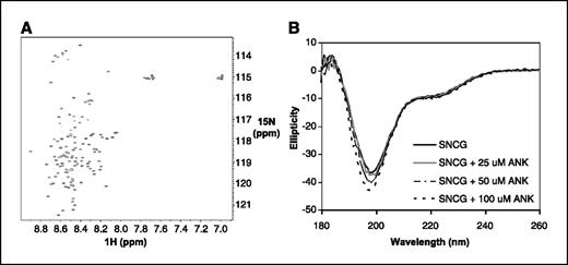 Figure 1. NMR and CD show that SNCG is disordered. A, the 1H-15N HSQC spectrum of SNCG, with the limited spectral dispersion diagnostic of disordered protein. The measurement was carried out using 0.35 mmol/L 15N-labeled SNCG in 10 mmol/L sodium phosphate (pH 7) at 5°C. B, SNCG remains disordered upon association with the ANK peptide. Far-UV CD spectra of SNCG with titration of varying concentration of the ANK peptide. Samples containing 0.145 mg/mL SNCG were dialyzed into 5 mmol/L sodium phosphate buffer (pH 7) for data acquisition. Spectra were averaged from 12 scans recorded at 25°C in a cell of path length 0.1 mm using OLIS RSM spectrometer. The baseline was corrected by subtracting the spectra measured under identical conditions for the remaining buffer after dialysis. Peptide was reconstituted into flow-through buffer after dialysis and used for titration. Spectra resemble random coil reference spectra typical of disordered proteins.