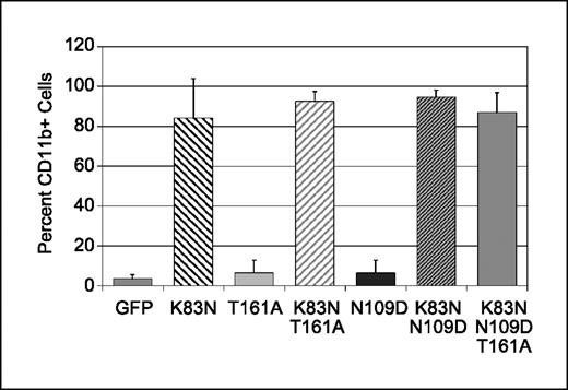 Figure 5. Disruption of the CBFβ interface does not impair RDB activity. Replating experiments were done using the indicated Runx1 mutants. Percentage of cells expressing the myeloid marker CD11b within the GFPpos population at the second or third replating for each Runx1 construct or GFP control. Columns, mean of two independent experiments; bars, SD.