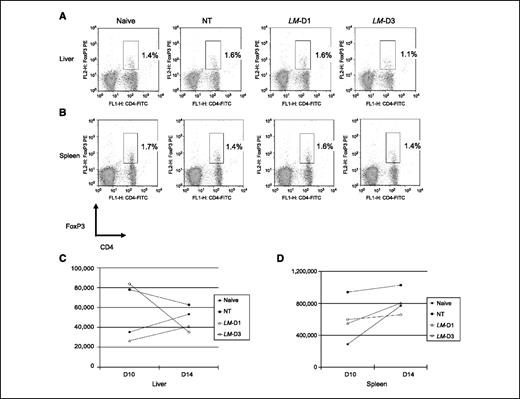 Figure 3. Decrease in CD4 Treg cells in liver versus spleen (day 14). Flow cytometry analysis of infiltrating CD4+/FoxP3+ T cells into the livers of naive mice or mice that were challenged with tumor on day 0 and underwent either no treatment (NT), a single treatment with LM-D on day 3 (LM-D1), or three treatments with LM-D on days 3, 6, and 9 (LM-D3). Five mice from each group were sacrificed on day 10 or day 14 to harvest livers for analysis. The various groups did not have significantly different percentages (A and B) or numbers (C and D) of FoxP3+CD4+ T cells within the liver or spleen on day 14.