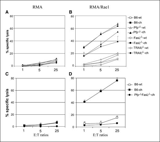 Figure 5. ChNKG2D T cells use both perforin and FasL to kill Rae1-positive RMA cells in vitro. Effector T cells derived from B6 (□, ▪), Pfp−/− (▵, ▴), FasL−/− (○, •) or TRAIL−/− (◊, ⧫) mice that were modified with either wtNKG2D (wt, open symbols) or chNKG2D (ch, filled symbols) were cocultured with RMA (A and C) or RMA/Rae-1 (B and D) cells, respectively, at ratios from 1:1 to 25:1 in 5-h 51Cr release assays. Points, means of triplicates from two to six independent experiments; bars, SE. C and D, T cells derived from mice deficient in both perforin and FasL (Pfp−/−/FasL−/−) were also used as effector cells. Points, means of two sets of triplicates in two independent experiments; bars, SD.
