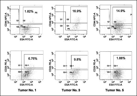 Figure 1. Isolation of tumorigenic pancreatic cancer cells. Flow cytometry was used to isolate subpopulations of human pancreatic cancer cells, which were tested for tumorigenicity in NOD/SCID mice. Cells were stained with antibodies against CD44, CD24, ESA, H2K and DAPI. Dead cells and mouse cells were eliminated from the analyses. Plots are representative examples of patterns of CD44 and ESA staining (top) and CD24 and ESA staining (bottom) of viable human pancreatic cancer cells from three individual patient xenografts, with the frequency of the boxed tumorigenic cancer cell population as a percentage of cancer cells in the specimen shown.