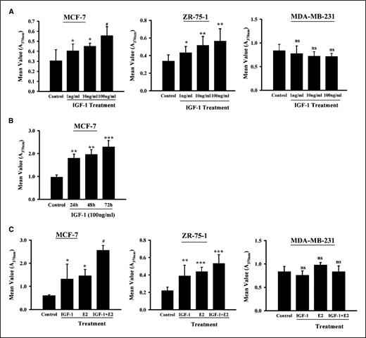 Figure 1. Effect of IGF-1 alone and combined effect of IGF-1 and 17β-E2 on breast tumor cell proliferation. A, equal numbers of cells were plated in each well of a 96-well plate and were cultured in DMEM containing 10% serum (dose-dependent effect). After attachment, the cells were serum starved for 3 days and treated with IGF-1 (1–100 ng/ml) for 24 h. Cellular proliferation in the control and the treated cultures were measured by colorimetric immunoassay based on BrdUrd incorporation into the cellular DNA. B, serum-starved MCF-7 cells were treated with IGF-1 (100 ng/mL) for indicated times, and cell proliferation was determined using BrdUrd ELISA (time-dependent effect). C, serum-starved cells were treated with IGF-1 (100 ng/mL) in the presence or absence of 17 β-E2 (10 nmol/L) for 24 h (combination effect). Cellular proliferations were measured by BrdUrd ELISA. Columns, mean absorbance (A370 nm) from three separate experiments; bars, SD. P was determined by Student's t test. *, P < 0.05; **, P < 0.01; ***, P < 0.001, versus control; #, P < 0.001, versus control; ns, nonsignificant.