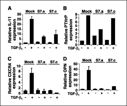 Figure 4. Subconfluent melanoma cell cultures (mock transfected and clones S7.a and S7.c) were preincubated for 6 h in medium containing 1% serum before stimulation with TGF-β1. Twenty-four hours later, RNA was extracted and analyzed by quantitative RT-PCR with primers specific for IL-11 (A), PTHrP (B), CXCR4 (C), and osteopontin (OPN; D). Values are corrected for cyclophilin A mRNA levels in the same samples.