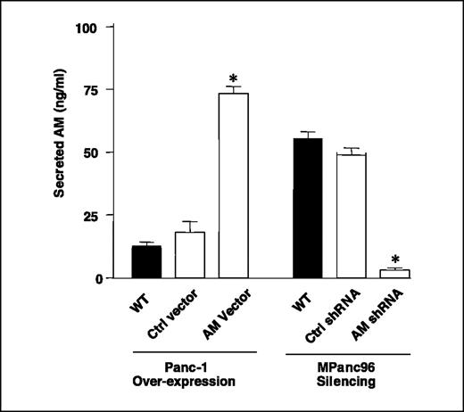 Figure 3. Genetic manipulation alters cellular expression of adrenomedullin. ELISA showing the effects of adrenomedullin overexpression (Panc-1 cells stably transfected with either adrenomedullin or control vectors) or adrenomedullin silencing (MPanc96 cells stably transfected with either adrenomedullin or control shRNA vectors) on adrenomedullin levels in conditioned medium. Columns, mean for three experiments; bars, SE; *, P < 0.05 versus control.