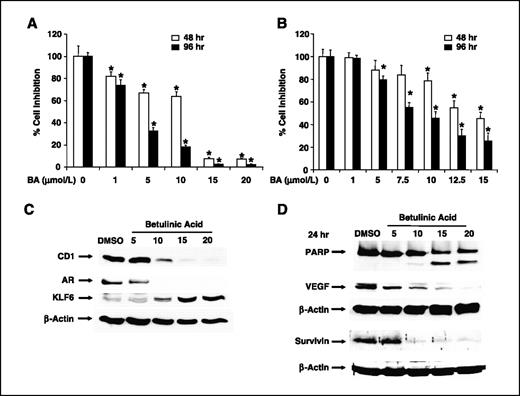 Figure 1. Betulinic acid (BA) inhibits growth and induces apoptosis in cancer cells. Decreased cell survival in LNCaP (A) and SK-MEL2 (B) cancer cells. Cells were seeded and treated with solvent (DMSO) or different concentrations of betulinic acid (1–20 μmol/L) for 6 d as described in Materials and Methods. Cell survival is expressed as the percentage of betulinic acid–treated cells remaining compared to DMSO (set at 100%). *, P < 0.05, significantly decreased survival. C and D, Western blot analysis for modulation of protein expression by betulinic acid. LNCaP cells were treated with DMSO or betulinic acid (5–20 μmol/L) for 24 h, and whole-cell lysates were analyzed by Western blot analysis as described in Materials and Methods.