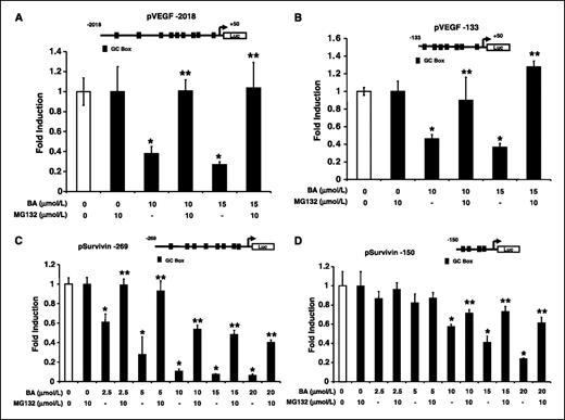 Figure 4. Betulinic acid decreases transactivation in LNCaP cells transfected with VEGF and survivin constructs. Transfection with pVEGF-2068 (A), pVEGF-133 (B), pSurvivin-269 (C), and pSurvivin-150 (D). LNCaP cells were transfected with the various constructs and treated with DMSO or betulinic acid (2.5–20 μmol/L) alone or in combination with 10 μmol/L MG132, and luciferase activity (relative to β-gal) was determined as described in Materials and Methods. Luciferase activity significantly (P < 0.05) decreased by betulinic acid (*) and inhibition of this response by cotreatment with MG132 (**).