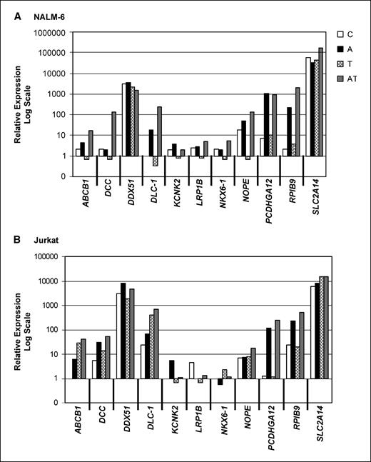 Figure 2. Change in mRNA expression in NALM-6 and Jurkat cell lines following treatment with a demethylating agent and a histone deacetylase inhibitor. ABCB1, RPIB9, PCDHGA12, DCC, KCNK2, NOPE, NKX6-1, LRP1B, DDX51, and SLC2A14 expression levels were measured using SYBR Green assays. DLC-1 expression levels were measured using Taqman assays. A, NALM-6 mRNA relative expression levels in 11 candidate genes. Each gene includes expression in the cell line before treatment (C); expression post-treatment with 5-aza (A); expression post-treatment with TSA (T); and expression post-treatment with a combination of 5-aza and TSA (AT). No bar present indicates no amplification. B, Jurkat mRNA relative expression levels in 11 candidate genes. Each gene includes expression in the cell line before treatment (C); expression post-treatment with 5-aza (A); expression post-treatment with TSA (T); and expression post-treatment with a combination of 5-aza and TSA (AT). No bar present indicates no amplification.