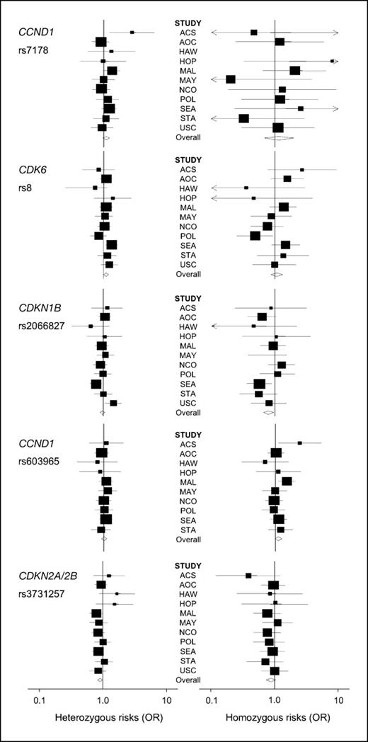Figure 1. Genotype-specific risks by study. Heterozygous and homozygous genotype-specific odds ratios are illustrated for White subjects only for all five SNPs analyzed in all studies. Lines, 95% confidence intervals; size of the box, proportionate size of the study (number of white subjects genotyped) compared with other studies. There were no homozygous odds ratios for some studies because the minor allele was too rare in the population. Key to studies in Table 1A and B: ACS, ACS Australia; AOC, AOCS Australia; HAW, Hawaii Ovarian Cancer Study Hawaii; HOP, HOPE study, Pittsburgh, PA; MAY, Mayo Clinic, Minnesota; MAL, MALOVA study, Denmark; NCO, North Carolina Ovarian Cancer Study (NCOCS), North Carolina; POL, Polish Ovarian Cancer Study (POCS), Poland; SEA, SEARCH (Studies of Epidemiology and Risk Factors in Cancer Heredity) study, United Kingdom; USC, Los Angeles County Case-Control Studies of Ovarian Cancer (LAC-COCC), southern California.