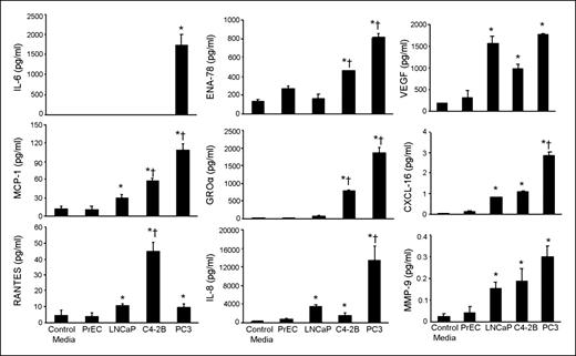 Figure 3. Prostate cancer cells produced IL-6, MCP-1, RANTES, ENA-78, GROα, IL-8, VEGF, CXCL-16, and MMP-9. Conditioned media collected from control medium and PrEC, LNCaP, C4-2B, and PC3 cell cultures were measured by ELISA. Columns, mean of triplicates; bars, SD. Data are representative of two separate experiments. *, P < 0.001, compared with control medium; †, P < 0.001, compared with LNCaP.