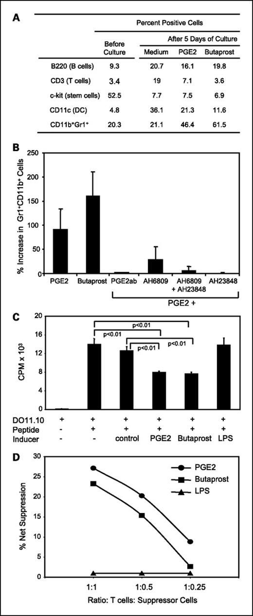 Figure 2. PGE2 induces the differentiation of MDSC through E-prostanoid receptors. Bone marrow cells were harvested from the femurs of BALB/c mice, depleted for lineage cells [B cells, T cells, dendritic cell (DC), macrophages, granulocytes, and RBC], and cocultured for 5 d with E-prostanoid receptor agonists and/or antagonists. A, bone marrow cells were analyzed by flow cytometry for lineage markers before and after culture with PGE2 or Butaprost. B, bone marrow cells were analyzed by flow cytometry for Gr1 and CD11b after culture with PGE2 and/or Butaprost, anti-mouse PGE2 antibody, AH6809, AH23848, or AH6809 + AH23848. Percentage increase = (100%) × [(Gr1+CD11b+ cells + inducer) − (Gr1+CD11b+ cells without inducer)] / (Gr1+CD11b+ cells without inducer). Data are pooled from four (Butaprost) or five (PGE2) experiments. C, bone marrow cells were cultured in the presence of PGE2, Butaprost, or as a negative control LPS, as per A and B; the resulting cells were cocultured at a 1:1 ratio with DO11.10 transgenic splenocytes and ovalbumin323-339 peptide, and T-cell activation was measured by incorporation of [3H]thymidine. D, bone marrow cells treated with PGE2, Butaprost, or LPS were cocultured at varying ratios with D011.10 T cells and ovalbumin323–339 peptide. Percentage net suppression = (% suppression in the presence of PGE2, Butaprost, or LPS − % suppression in the absence of inducer). Data in A, C, and D are from one of three independent experiments for each panel.