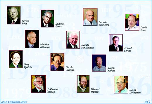 Figure 2. Photographs of Peyton Rous, Ludwik Gross, M. Anthony Epstein, Baruch Blumberg, Harald zur Hausen, Maurice Hilleman, J. Michael Bishop, Harold Varmus, David Lane, Arnold Levine, Ed Harlow, David Livingston, and Joseph Nevins. These experts represent some of the major investigators in the field of tumor virology.