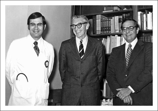 Figure 7. Drs. Vincent T. DeVita, C. Gordon Zubrod, and Paul P. Carbone in 1972 at the time of the Lasker Award.