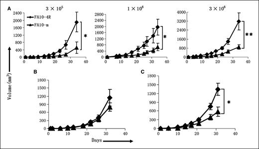 Figure 4. IL-4R expression on tumor cells leads to accelerated tumor growth in vivo. A, FA10-4R tumor grows at higher speed than its IL-4R–deficient counterpart in BALB/c mice. FA10-4R (♦) or FA10-m (▴) tumor cells were correspondingly inoculated into the left or right flanks of BALB/c mice (n = 4 or 6) at 3 × 105, 1 × 106, or 3 × 106 per site. Tumor growth was measured every 3 to 4 d. Points, mean tumor volumes at different times; bars, SD. One of three separate experiments with similar results is presented here. *, P < 0.05; **, P < 0.01. B, IL-4 neutralization abrogates the advantages of FA10-4R over FA10-m tumor. FA10-4R (♦) or FA10-m (▴) tumor cells were correspondingly inoculated into the left or right flanks of BALB/c mice (n = 4 or 6) at the amount of 1 × 106 cells per site. At 2 d before tumor inoculation, the mice received i.p. injection of 0.5 mg 11B11 ascite every 4 d for up to six times. Points, mean tumor volumes at different times; bars, SD. This experiment was done twice with similar results. C, responsiveness to local IL-4 alone by tumor cells is sufficient to accelerate tumor growth. 1 × 106 FA10-4R (♦) or FA10-m (▴) tumor cells were correspondingly inoculated into the left or right flanks of IL-4R knockout BALB/c mice (n = 4 or 6). Tumor growth was recorded. One of two separated experiments with similar results is presented here. *, P < 0.05.