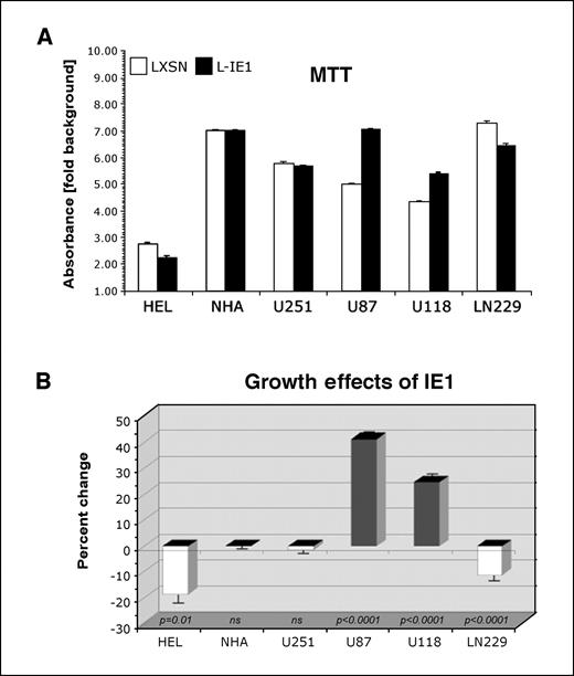 Figure 2. Growth proliferation or arrest of human astroglial cells by IE1. For each selected mass population, six replicate wells of 96-well microplates were seeded with 104 cells and analyzed by MTT incorporation following a 48-h growth period. A, fold changes above background. B, percent increase/decrease by IE1 relative to LXSN vector-transduced control. Statistical analysis was done by a two-tailed t test. P values of significant IE1-associated growth effects are indicated; ns, not significant. Observations were confirmed in at least two independent assays.