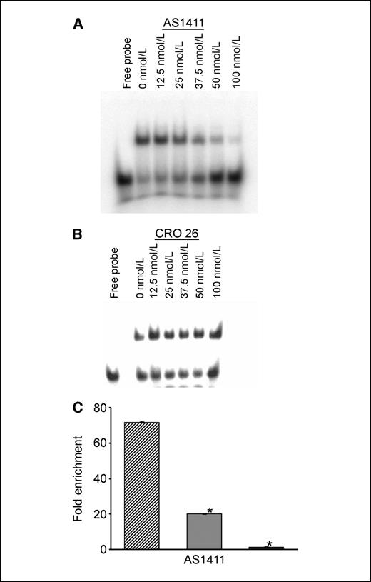Figure 6. A, competition gel shift assay of AS1411 and a 29-nt ARE element in bcl-2 mRNA for binding to recombinant nucleolin. 32P-RNA (50 nmol/L) was incubated with 50 nmol/L nucleolin in the presence of increasing concentrations of unlabeled AS1411 aptamer. Lane 1, free probe; lanes 2 to 7, 0, 12.5, 25, 37.5, 50, and 100 nmol/L AS1411, respectively. Complexes were analyzed on a native 6% polyacrylamide gel and detected by phosphorimaging. B, competition gel shift assay of a 26-nt CRO26 and a 29-nt ARE element in bcl-2 mRNA for binding to recombinant nucleolin. The assay was carried out as described in Fig. 5A. C, effect of AS1411 on the binding of nucleolin to bcl-2 mRNA in MCF-7 cells. The cells were cultured in the absence () or presence of 5 μmol/L () or 10 μmol/L () of AS1411 for 72 h. Cell lysates were prepared and the nucleolin-bcl-2 mRNA complexes were immunoprecipitated with anti-nucleolin antibody. The bcl-2 mRNA in the immunoprecipitates was analyzed by real-time quantitative PCR with bcl-2 ARE-1 mRNA primers. Columns, mean of three experiments; bars, SE.