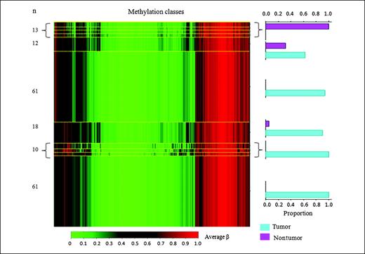 Figure 2. β mixture model of methylation profiles in mesothelioma and nontumor pleura. Green, methylation average β for unmethylated; red, methylation average β for methylated. Methylation profile classes are stacked in rows separated by yellow lines, and class height corresponds to the number of samples in each class. Class methylation at each locus is a mean of methylation for all samples within a class. Bar charts, the proportion of tumors and nontumor pleura samples in each class. Methylation profile classes differentiate tumor from nontumor pleura (P < 0.0001).