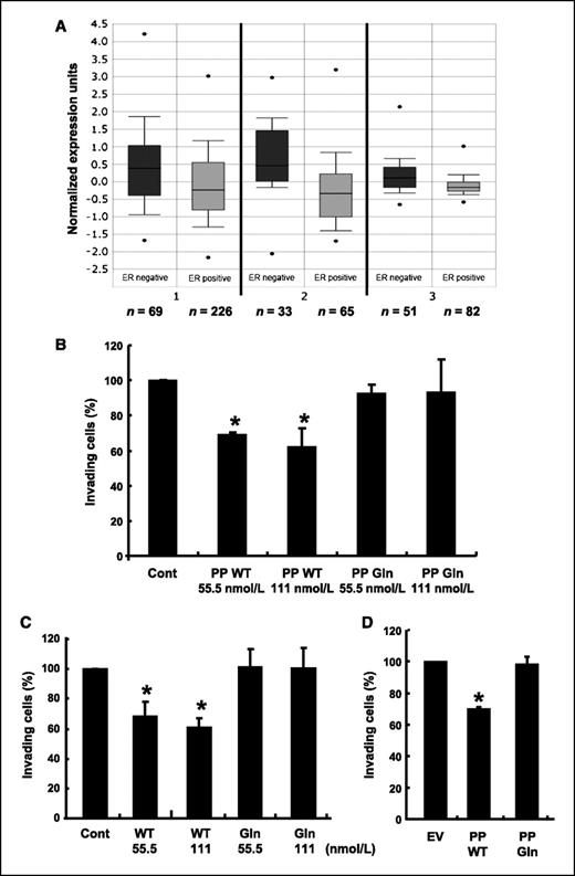 Figure 5. ER-negative breast cancers display elevated LOX gene expression and sensitivity to LOX-PP WT but not to the Gln variant. A, box plots of data from the van de Vijver (set 1), Sotiriou (set 2), and Hess (set 3) breast carcinoma microarray analyses, accessed using the Oncomine (http://www.oncomine.org) database, are plotted on a log scale (n, sample number). Student's t test, done through the Oncomine 3.0 software, showed that the difference in LOX expression between the two ER groups was significant [P = 3.7e−4 (set 1), P = 2.1e−4 (set 2), and P = 1.6e−4 (set 3), respectively]. B and C, MDA-MB-231 (B) and Hs578T (C) cells were pretreated with recombinant LOX-PP WT or LOX-PP Gln proteins at 55.5 or 111 nmol/L or water vehicle control for 24 h in DMEM-10% FBS or DMEM-5% FBS, respectively. Cells were then subjected, in triplicate, to a Matrigel invasion assay for 24 h (B) or 16 h (C) in the presence of the same doses of proteins. Columns, average invasion from three independent experiments relative to vehicle control (set at 100%); bars, SD. LOX-PP WT significantly suppressed invasion of MDA-MB-231 cells at 55.5 nmol/L (P = 3.2e−6) and 111 nmol/L (P = 0.0033), whereas LOX-PP Gln was not effective at 55.5 nmol/L (P = 0.08) or 111 nmol/L (P = 0.57), as determined by Student's t test. Similarly, LOX-PP WT (WT) significantly reduced invasion of Hs578T cells at 55.5 nmol/L (P = 0.0046) and 111 nmol/L (P = 0.0004), whereas LOX-PP Gln (Gln) was ineffective (55.5 nmol/L, P = 0.8; 111 nmol/L, P = 0.9). D, Hs578T cells were transfected with human pcDNA4-V5/His-LOX-PP WT or pcDNA4-V5/His-LOX-PP Gln or EV control for 24 h in DMEM-5% FBS. Cells were subjected to an invasion assay for 16 h. Only expression of LOX-PP WT significantly reduced cell invasion (*, P = 9.5e−8; LOX-PP Gln, P = 0.57).