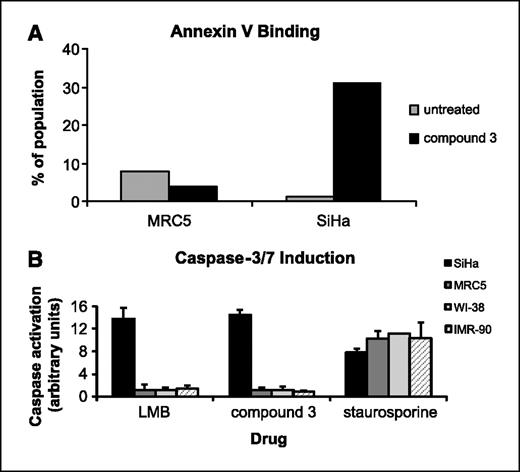 Figure 3. NEI treatment induces apoptosis in cancer cells but not in normal lung fibroblasts. A, SiHa human cervical cancer cells or MRC5 human normal lung fibroblast cells were treated with either vehicle or 10 nmol/L compound 3 for 1 h and incubated for an additional 72 h. Cells were stained with Annexin V-FITC and propidium iodide and analyzed by flow cytometry to determine the Annexin V–positive, propidium iodide–negative population. Representative of multiple experiments. B, SiHa (cervical cancer cells; black columns) or human normal lung fibroblast cell lines MRC5 (dark gray columns), WI-38 (light gray columns), or IMR-90 (hatched columns) were treated with either vehicle or a high dose (500 nmol/L) of compound 3 or LMB for 1 h and incubated for an additional 72 h. Staurosporine control treatment was at 1 μmol/L for 72 h. Cells were analyzed for caspase-3/7 induction using the Promega Caspase-Glo 3/7 Assay. Columns, average of two independent wells. Representative of multiple experiments.