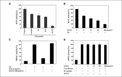 Figure 1. EGCG has specific anti-HAT activity. A, EGCG has potent anti-HAT activity toward catechin derivatives. HAT activity was assayed with a HAT activity colorimetric assay kit and HeLa NE as a source of HAT enzymes. Columns, average of three independent experiments; bars, SD. EC, epicatechin; EGC, epigallocatechin. B, EGCG dose dependently inhibits HAT activity. HAT activity colorimetric assays were performed with indicated concentrations of EGCG. C, EGCG treatment had no effect on the HDAC activity. HDAC activity was assayed with an HDAC activity colorimetric assay kit. TSA was used as a control inhibitor for HDAC activity. Columns, average of three independent experiments; bars, SD. D, HMT assays were performed in 30 μL reaction in the presence or absence of EGCG using recombinant SET7/9 as the enzyme sources and then processed for filter binding assay.