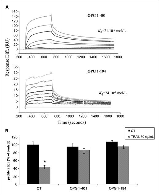 Figure 4. TRAIL binds OPG through its 1-194 domain. A, the binding of OPG 1-401 and OPG 1-194 (1, 2, 4, 8, 16, 32, 65, and 130 nmol/L) to TRAIL immobilized on a research-grade CM5 chip was visualized as the change in surface plasmon resonance in the form of sensorgrams. The regions used in determining equilibrium dissociation constants are only shown. The resulting sensorgrams were fitted using BiaEval 4.1 software (BIAcore). B, the effects of both forms of OPG were assessed on TRAIL-induced apoptosis on MG63 osteosarcoma cells using an XTT assay as described in Materials and Methods. MG63 cells were seeded and treated with 50 ng/mL TRAIL in the presence or absence of OPG 1-401 or OPG 1-194 (100 ng/mL).
