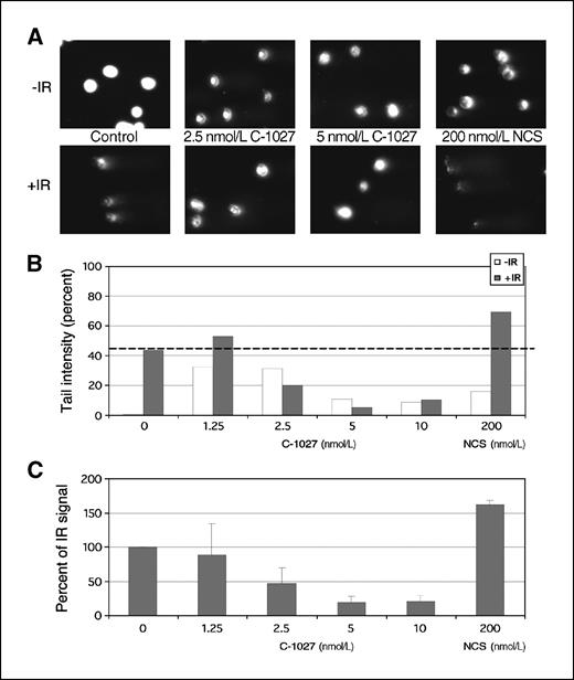 Figure 5. Induction of ICLs by C-1027 in hypoxic cells. A, representative alkaline Comet images are shown that assess ICLs induction in hypoxic HCT116 cells treated with C-1027 or NCS for 1 h and then mock treated or exposed to 20 Gy IR as indicated. B, comets were scored as described in Materials and Methods. Black dashed line, the Comet signal of IR alone. Induction of ICLs is indicated by the extent of reduction in the IR Comet tail signal. NCS, an enediyne that does not induce ICLs, is included as a negative control. C, the bar graphs represent averages from two to three experiments and indicate the percent of the IR tail intensity signal in the presence of C-1027 or NCS.