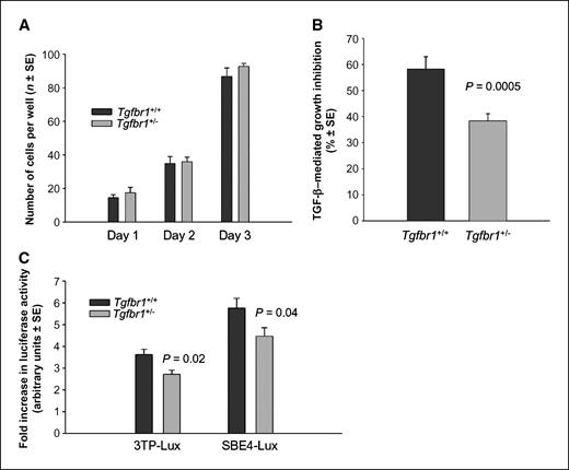 Figure 3. TGF-β–mediated cell proliferation of Tgfbr1+/+ and Tgfbr1+/− MEFs. A, spontaneous cell proliferation of Tgfbr1+/+ and Tgfbr1+/− MEFs. Cell proliferation was assessed daily for 3 d by counting cells. The experiments were done thrice in triplicates. Columns, mean cell count; bars, SE. B, TGF-β–mediated cell proliferation assays. TGF-β–mediated cell proliferation was assessed in Tgfbr1+/− and Tgfbr1+/+ MEFs exposed to 100 pmol/L TGF-β1 for 24 h. Cell proliferation was assessed by thymidine incorporation. The experiments were done thrice in triplicates. Columns, mean percent TGF-β growth inhibition; bars, SE. C, direct measurement of TGF-β signaling using the 3TP-Lux and SBE4-Lux reporter assays in Tgfbr1+/+ and Tgfbr1+/− MEFs following exposure to 100 pmol/L TGF-β. Columns, average fold increase (in arbitrary units) of three experiments done in triplicates; bars, SE.