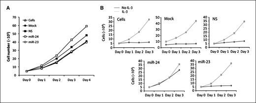 Figure 5. miR-24 expression alters cell cycle profile of hematopoietic cells and modifies their proliferative potential. A, live cell count of K562 cells transfected with the indicated miRs was carried out using trypan blue staining and is represented here as number of cells in each group for 4 d posttransfection. B, myeloid progenitor 32D cells were transfected with the indicated miRs in the presence (gray line) or absence (black line) of IL-3. Live cells were counted every day for 3 d posttransfection. A representative from two independent experiments was shown.