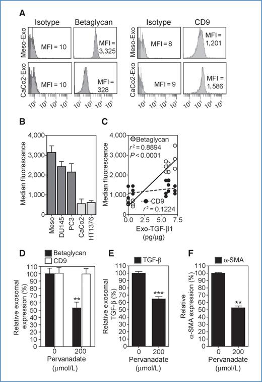 Figure 4. Exosomal betaglycan and TGF-β binding. A, exosomes purified from cancer cell cultures were coupled to the surface of latex beads and analyzed by flow cytometry for betaglycan expression. Representative flow cytometric histograms (left) showing isotype versus betaglycan-stained exosome–bead complexes from a TGF-βhigh source (Meso-Exo) or a TGF-βlow source (CaCo2-Exo), showing the median fluorescence intensity (MFI) of the peak. B, summary data (bars) from 3 exosome preparations from each cell line as indicated, emphasizing a difference in betaglycan expression between TGF-βhigh exosomes (dark gray bars) and TGF-βlow exosomes (light gray bars), showing mean ± SD, (n = 3). C, in addition, linear regression reveals correlation between exosomal TGF-β expression and betaglycan expression (line graph, white circles) which is significant. In comparison, a typical exosome surface protein, CD9, does not correlate with TGF-β1 expression levels (black circles). D-F, mesothelioma-derived exosomes were added to mesothelioma cells and incubated in either the absence or presence of pervanadate (200 μmol/L) for 4 hours. After this time, conditioned media were collected and exosomes were purified. D, flow cytometry was used to confirm pervanadate-induced cleavage of betaglycan (black bars) from exosomes, while CD9 expression was used as a control to show that pervanadate treatment did not result in nonspecific cleavage of exosomal proteins. E, TGF-β1 expression of exosomes (10 μg), incubated with mesothelioma cells in either the absence or presence of pervanadate, was analyzed by ELISA. F, comparison of α-SMA induction in growth-arrested fibroblasts treated with exosomes incubated in either the absence or presence of pervanadate. Results in panels D, E, and F rerpresent mean ± SD of triplicates. **P < 0.001, ***P < 0.0001, Student's t-test.
