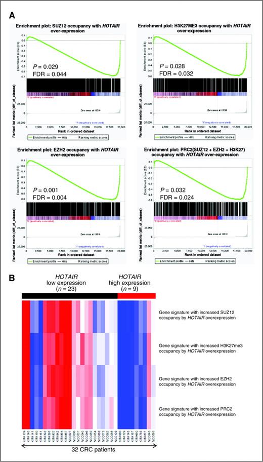Figure 2. A, enrichment plots of gene expression signatures of HOTAIR-induced SUZ12, H3K27me3, EZH2, and PRC2 occupancy sorted according to the differences between the means of samples with high and low HOTAIR expression. The barcode plot indicates the position of the genes in each gene set; red and blue colors represent positive and negative Pearson correlation with HOTAIR expression, respectively. B, heat map of the gene expression averages for 32 CRC samples enriched in gene expression signatures of HOTAIR-induced SUZ12, H3K27me3, EZH2, and PRC2 occupancy. These gene expression signatures were obtained from Gupta and colleagues (4). The enriched gene expression averages were classified by high and low HOTAIR expression levels. The red and blue colors indicate high and low expression, respectively.
