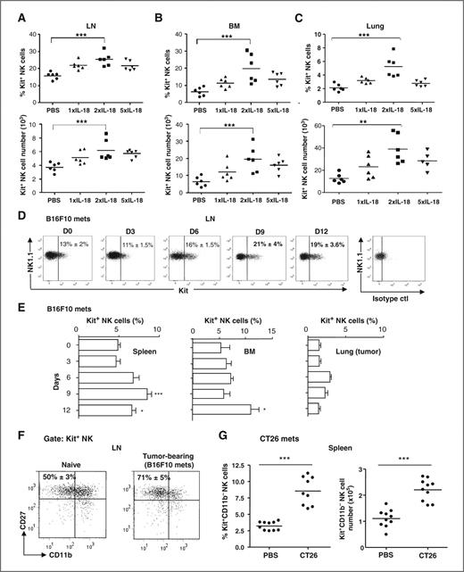 Figure 1. Low dose of IL-18 and tumor progression promote the accumulation of Kit+CD11b− NK cells in lymphoid organs. A–C, expansion of Kit+ NK cells during various schedules of rIL-18 administration. C57Bl/6 mice received rIL-18 i.p. (1 μg/inoculation) once on day 1 (1×), compared with twice on days 1 and 3 (2×), compared with 5 times (5×) on days 1 to 5. Percentages and/or absolute numbers of Kit+ NK cells were determined in the lymph nodes (LN; A), the bone marrow (BM; B), and in the lungs (C) at day 7. The graph depicts the results for 6 animals in 2 independent experiments. The Kruskal–Wallis multiple comparison test was used for statistical analyses. **, P < 0.01; ***, P < 0.001 as compared with PBS group. D and E, accumulation of Kit+ NK cells in lymphoid organs from C57Bl/6 mice bearing B16F10 metastases (mets). Single-cell suspensions were prepared from LN (D), spleen, bone marrow (BM), and tumor-bearing lungs (E) at various time points after i.v. inoculation of B16F10 cells. The percentage of Kit+ NK cells (CD3−NK1.1+Kit/CD117+) among all NK cells was determined. Flow cytometric analyses on LNs are shown in D for 1 representative experiment of 5 yielding similar results (means indicated in the top quadrant). The percentages of Kit+ NK cells are shown in D as mean ± SEM of 5 independent experiments (including >3 mice per group). The Kruskal—Wallis multiple comparison test was used for statistical analyses. *, P < 0.05; ***, P < 0.001 as compared with day 0. F, CD27/CD11b expression on Kit+ NK cells. Identical experimental setting as in C. Kit+ NK cells were analyzed for their expression of CD27 and CD11b in lymph nodes of naive or tumor-bearing hosts at day 12. G, Kit+CD11b− NK cells expand in CT26-bearing BALB/c mice. Proportion and absolute number of Kit+CD11b− NK cells in spleens from CT26 metastases-bearing BALB/c mice. Data pooled from 3 independent experiments are presented. ***, P < 0.001 according to the Mann–Whitney test.