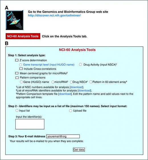 Figure 1. Snapshot of the NCI-60 analysis web site, a suite of web-based tools designed to facilitate rapid pharmacologic and genomic bioinformatics for the NCI-60 cell lines. A, these tools are accessible at the CellMiner web site (http://discover.nci.nih.gov/cellminer/) by clicking on the NCI-60 Analysis Tools tab. B, the analysis of interest (Z score determination, Mean centered graphs for microRNAs, or Pattern comparisons) is selected in step1 using the check boxes. The specific identifier or pattern of interest is selected in step 2, either by typing in an identifier using the “Input list” function, or by uploading a file using the “Upload file” function. A maximum of 150 identifiers (genes, microRNAs, or drugs) can be input at once. The results are e-mailed to the address entered in step 3. Multiple check boxes may be selected for a single input. Radio buttons (circles) for an analysis type are mutually exclusive.