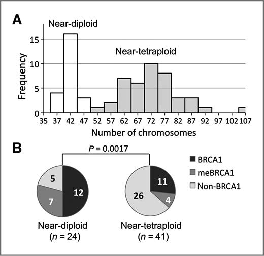 Figure 1. Chromosome content and BRCA1 status in BLCs. A, distribution of chromosome number in BLCs displayed 2 modes representing 2 ploidy status of tumor genomes. B, near-diploid tumors (<50 chromosomes) and near-tetraploid tumors (≥50 chromosomes) showed different proportions of proven BRCA1–inactivated tumors; number of cases are indicated in the circle diagrams.