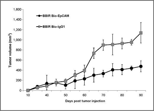 Figure 5. dcAv.BBIR-28z+ T cells control tumor growth in an ovarian cancer xenograft model. A total of 5 × 106 A1847 tumor cells were inoculated subcutaneously in the flank of NSG mice. To test the therapeutic efficacy of BBIR+ T cells, mice bearing an established tumor (≥150 mm3) were inoculated IT with 6 × 106 BBIR+ T cells and Bio-EpCAM Ab (100 ng) or BBIR+ T cells and Bio-IgG1 Ab (100 ng) on days 45, 48, and 51. Additional antibody-only injections (100 ng) were given on days 56 and 60. Tumor growth was then monitored as tumor diameter per day. Data represent the means ± SD of 4 mice for each panel presented. P ≤ 0.005 comparing BBIR+/Bio-EpCAM and BBIR+/Bio-IgG1 group.