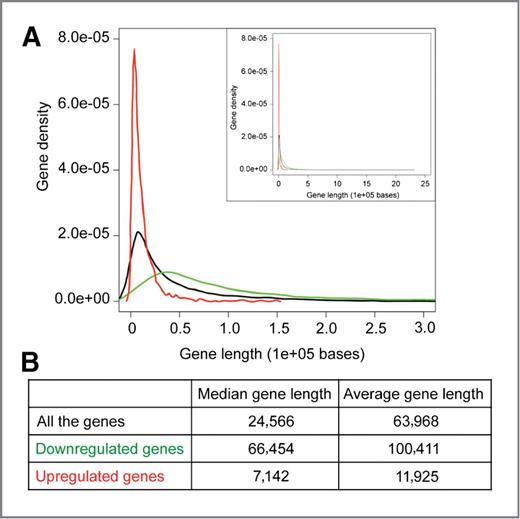 Figure 3. Effect of Top1 poisoning on gene expression is correlated with gene length. A, distribution of the downregulated, upregulated genes, and all the genes of the array depending on their gene length. The downregulated genes (3,808), the upregulated genes (835), and all the genes of the array (18,537 genes) are represented in green, red, and black, respectively. B, median and average of gene length (in bases) for the downregulated genes, the upregulated genes, and all the genes of the array.