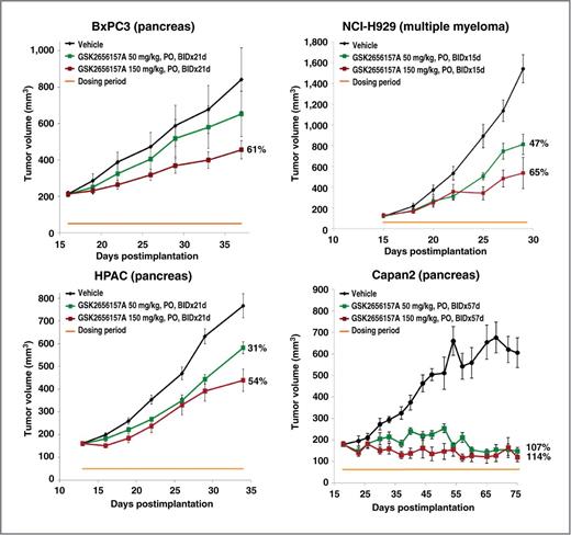 Figure 4. Antitumor activity of GSK2656157 in vivo. Mice bearing various human tumor xenografts were treated twice daily (BID) with vehicle (black) and GSK2656157 at 50 (green) or 150 mg/kg (red). Duration of treatment is shown by the horizontal orange line at the bottom of the graphs. Tumors were measured twice per week. Points, mean tumor volumes; bars, SE.