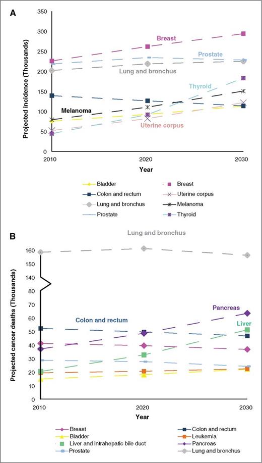 Figure 1. Projected cancer incidence and deaths, both sexes. A, incidence projections of the top eight cancers by 2030 due to demographic changes and the AAPC in incidence rates. All cancer sites shown have at least 110,000 cases projected by 2030 when both the demographic and AAPC factors are taken into consideration. B, death projections of the top cancer killers due to demographic changes and the AAPC in death rates. All cancer sites shown have at least 25,000 cases projected in 2020 or 2030.