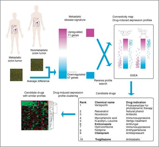 Figure 1. Using anticorrelated profiles to find candidate therapeutic chemicals. First, a metastatic disease signature was created by comparing metastatic colorectal cancers with nonmetastatic cancers. The disease signature was then used to search for reverse signatures in the CMap data by Gene Set Enrichment Analysis. The resulting candidate drugs do not necessarily have similar gene-expression profiles; for example, different subsets of upregulated genes from the disease signature can be downregulated in the drug-induced expression profile. Therefore, an extra refinement step was added by clustering the expression profiles of candidate drugs and selecting from the candidates those that have similar gene profiles for further validation.