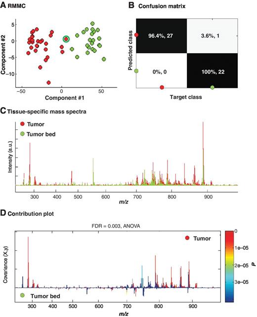 Figure 1. Differentiation of tumor (red) and tumor bed samples (green) based on metabolomic profiles measured with DESI MSI. A, 10-fold cross-validated RMMC score plot (each patient is maximally represented by one point in each group; for each point maximum, 100 randomly selected spectra were averaged) showing the separation of the two groups using multivariate analysis. B, confusion matrix showing classification results based on mahalanobis distance (98.2% overall correct assignment). C, representation of the tissue-specific metabolomic profiles. D, contribution plot showing the contribution of each signal in the metabolomic profiles to the group separation by a color bar (lower P values indicate higher significance for group separation). False discovery rate (FDR) was 0.003 or <1 sample for signals in red color.
