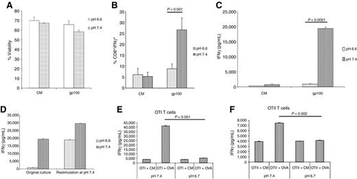Figure 1. Effect of pH on activation of T cells. T cells were activated at pH 7.4 for 48 hours with either gp10025-33 peptide (pmel T cells; A–D) or OVASIINFEKL peptide (OT-1 or OT-2 T cells; E–F) or left unactivated in CM, followed by an incubation at either pH 6.6 or 7.4 for additional 24 hours. A, percent cell viability of CD8+ pmel T cells following the entire treatment as measured by flow cytometry. B, percentage of CD8+ pmel T cells that contained IFNγ as measured by flow cytometry. C, amount of IFNγ secreted into the media by pmel T cells as measured by ELISA following the second 24-hour incubation at pH 6.6 or 7.4. D, IFNγ production by pmel T cells after replating from pH 6.6 to 7.4 as measured by ELISA. Activated pmel T cells were cultured in CM for 24 hours at pH 6.6 or 7.4 (original culture). After 24 hours, cells were collected and replated at pH 7.4 with gp100 peptide (restimulation at pH 7.4). Culture supernatants were collected after 24 hours for IFNγ measurement by ELISA. E, IFNγ secreted into the media by CD8+ OT-1 T cells measured by ELISA following second 24-hour incubation at pH 6.7 or 7.4. F, amount of IFNγ secreted into the media by CD4+ OT-II T cells measured by ELISA following the 2nd 24-hour incubation at pH 6.7 or 7.4. Data, mean ± SD from a minimum of three independent experiments. P values were determined by two-tailed Student t test.
