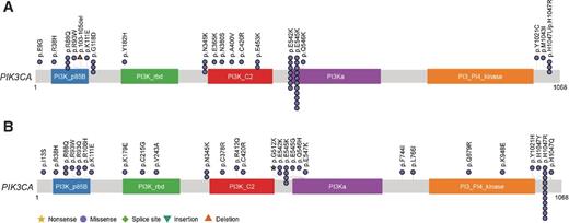 Figure 3. Mutation plots of PIK3CA in the regular- (A) and hypermutated (B) gastric cancers. The distribution of different classes of mutations (different shapes) and functional domains of PIK3CA is shown.