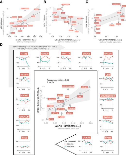 Figure 6. Association between MEK inhibitors and GSK3 model parameters. A–C, Scatterplots of the three GSK3 related model parameter (τGSK3, kRSKp90,GSK3, kAKT,GSK3 in A, B, and C respectively) versus the mean sensitivity of the respective associated MEK inhibitors (at least two for each parameter), with error bars representing the SE. D, Center, scatterplot of the strongest association between MEK inhibitor (AZD6244) and GSK3 node parameter (τGSK3). In the external plots, dose–response curves when combining MEK inhibitor (trametinib; at fixed concentration 0.005 μmol/L) with two GSK3 inhibitors (SB216763 and CHIR-99021) at increasing concentrations (0, 0.039, 0.156, 0.625, 2.5, 10 μmol/L). Plots for the 14 colorectal cancer cell lines are ordered clockwise according to their τGSK3 parameter value.