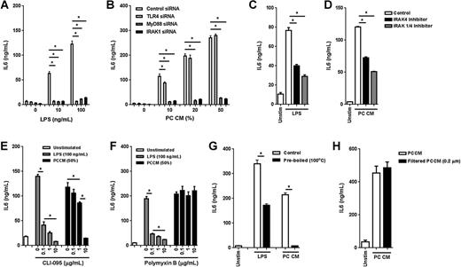 Figure 4. TAS secretion of IL6 and IL8 in response to PCCM is MyD88-dependent. A and B, TAS was treated with siRNA specific to TLR4, MyD88, IRAK1, or control siRNA and exposed to ultrapure LPS (A) as well as PCCM (B) and IL6 secretion evaluated. C and D, IL6 secretion by TAS following exposure to 100 ng/mL of ultrapure LPS (C) or PCCM (50%; D) in the presence of 10 μmol/L of a small-molecule IRAK4 inhibitor (black) or 10 μmol/L of a small-molecule inhibitor specific to both IRAK1 and IRAK4 (gray). E and F, IL6 secretion by TAS treated with ultrapure LPS (100 ng/mL, gray) or PCCM (50%, black) was evaluated in the presence of the TLR4 inhibitor, CLI-095 (E), or polymyxin B (F). G, IL6 secretion by TAS exposed to 100 ng/mL of ultrapure LPS or PCCM (50%) with (black) and without preboiling (white). H, IL6 secretion by TAS exposed to filtered (black) or nonfiltered (white) PCCM (50%). Bars, mean ± SEM. *, P < 0.05 using the independent samples t test.