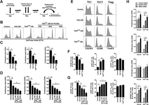 Figure 5. The TAS innate immune response to PCCM or TLR4 stimulation suppresses and polarizes adaptive immunity in a MyD88-dependent manner. A, TAS cultures were treated for 24 hours with either 100 ng/mL of ultrapure LPS or PCCM (50%). Cells were then washed and returned to fresh growth medium for an additional 24 hours. Conditioned media from TAS was then transferred to magnetically sorted, CellTrace Violet (CTV)-stained T cells from a healthy volunteer at a 1:4 dilution (20%) in growth medium. T cells were stimulated with anti-CD3/CD28/CD137 beads for four days in the presence of IL2 (50 U/mL). B, Representative histograms evaluating T-cell proliferation via CellTrace Violet dilution for control T cells, TAS CM–treated T cells, LPS pretreated TAS CM-treated T cells (TASLPS CM), or PCCM pretreated (10%, 20% or 50% PCCM) TAS CM–treated T cells (TASPC CM). C and D, Proliferation indices for total T cells (CD3), CD4, and CD8 T cells were calculated for TASLPS CM (C) and TASPC CM (D). E, Representative histograms for CD4 T cells expressing CXCR3 (Th1), CCR6 (Th17), or FoxP3 (Treg). F and G, Percentage of CD4 T cells with a Th1, Th17, and Treg phenotype were quantified after stimulation in the presence of TASLPS CM (F) and TASPC CM (G) groups. H, T-cell stimulations were performed using conditioned media generated from TAS after siRNA knockdown of MyD88, IRAK1, or control siRNA. Proliferation indices of CD3, CD4, and CD8 T cells are displayed as well as Th1 polarization. Bars, mean ± SEM. *, P < 0.05 using the independent samples t test.